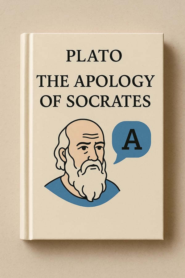 minimalist book cover of Plato’s Apology of Socrates, symbolizing timeless wisdom, questioning, and its modern connection to AI, marketing, and meta skills.