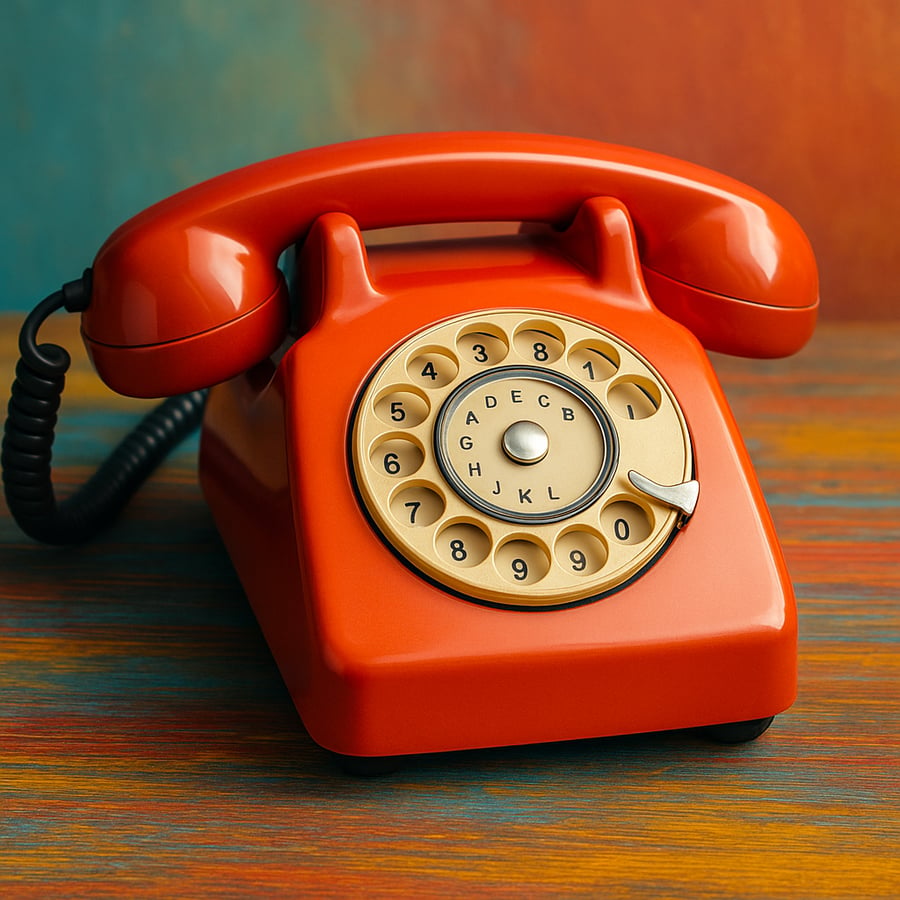An old-fashioned rotary dial phone,  a relic of the past, symbolising how communication has shifted from dial tones to WhatsApp messages.”