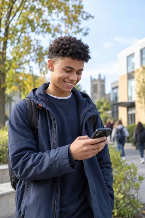 A smiling student on a college campus reading a message on his phone