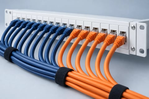 Navy and orange network cables plugged neatly into a white patch panel