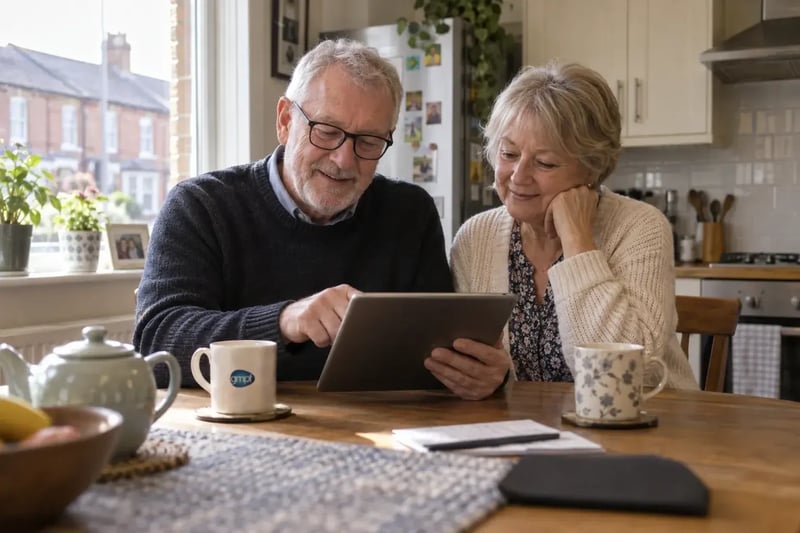 A retired couple at a kitchen table reviewing pension information on a tablet