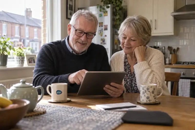 A retired couple at a kitchen table reviewing pension information on a tablet
