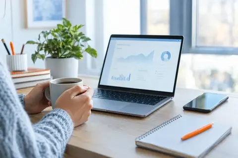 A calm desk with a laptop showing a light dashboard, hands around a cup of coffee