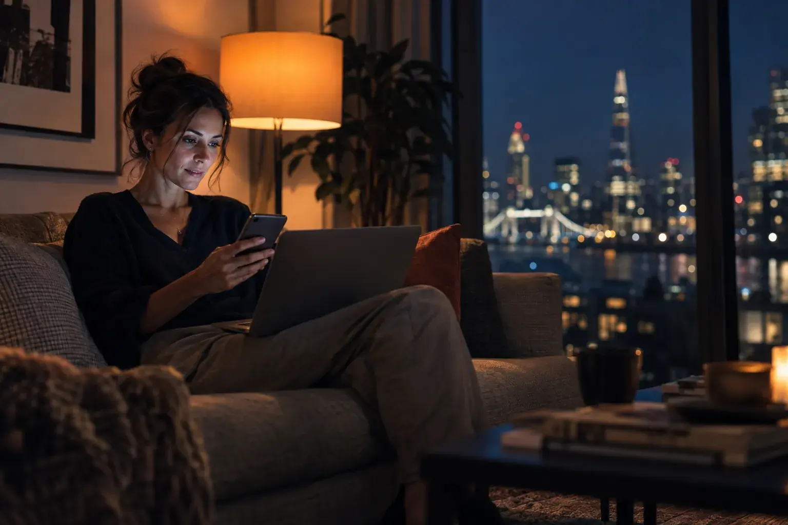 A woman on a sofa in a London flat late at night, looking at her phone with a laptop on her knee