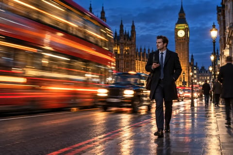 A business person walking through Westminster at blue hour, light streaks from a passing bus