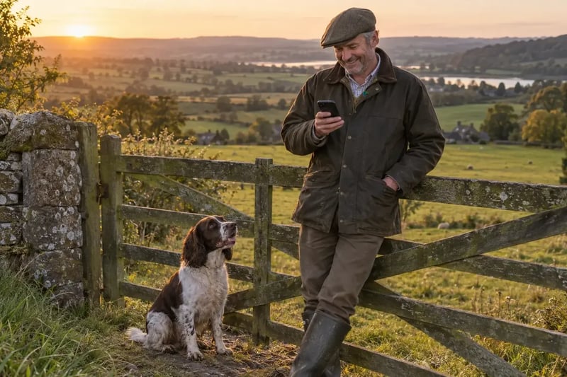 A man in a waxed jacket at a field gate at golden hour, smiling at his phone, a spaniel beside him