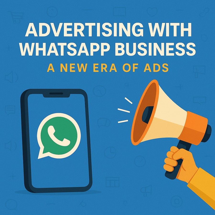 Illustration titled ‘Advertising with WhatsApp Business’: a phone showing the WhatsApp logo and a hand holding a megaphone