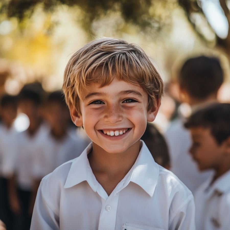 A smiling boy in a white school shirt with classmates behind him, as independent schools adapt to VAT on fees