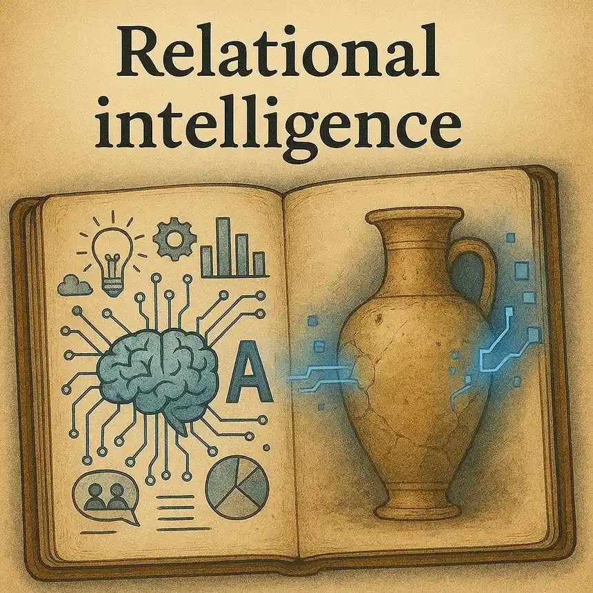 Illustration titled ‘Relational intelligence’: a book pairing a circuit-board brain with an ancient clay vase