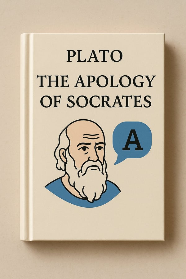 minimalist book cover of Plato’s Apology of Socrates, symbolizing timeless wisdom, questioning, and its modern connection to AI, marketing, and meta skills.