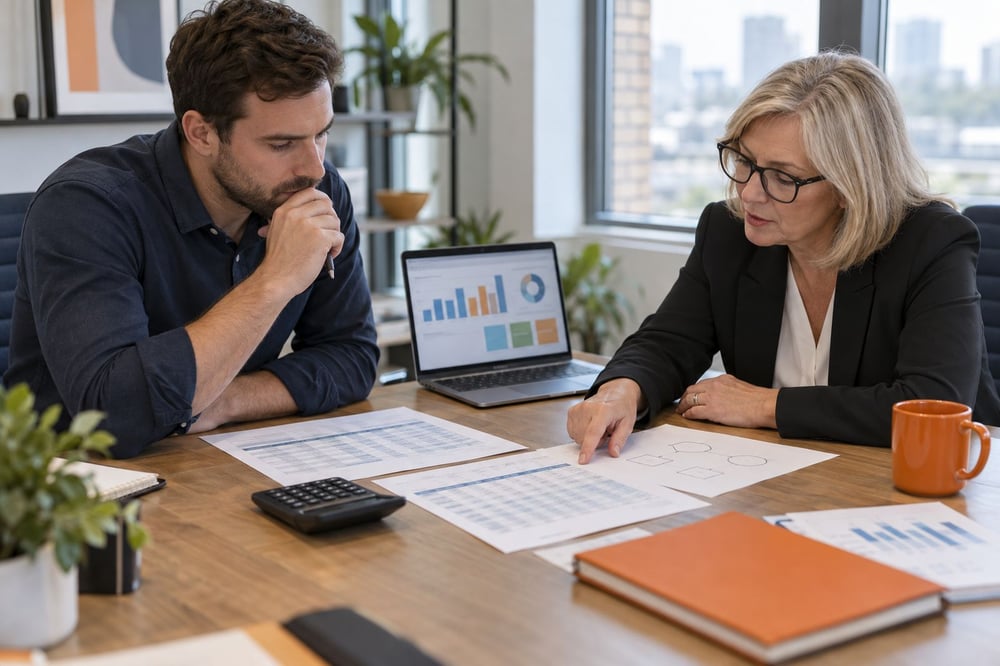 An operations manager and a finance director review a software subscription budget at a meeting table, with printed tables, a calculator and a laptop showing charts