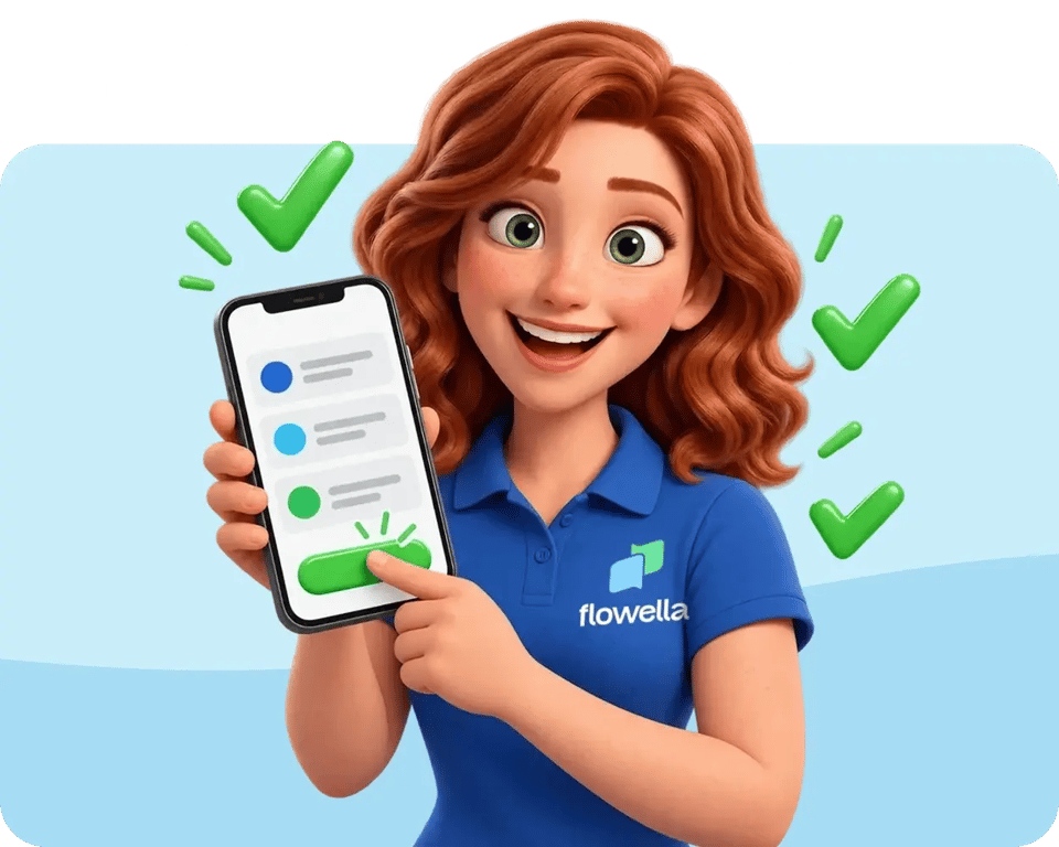 Flo, the Flowella mascot, taps the green button on a phone showing a short form in WhatsApp, with green ticks around her