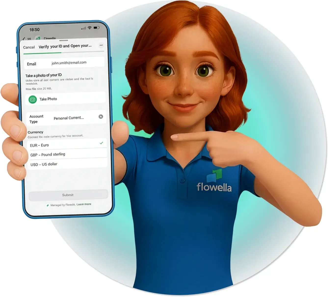An illustrated Flowella team member pointing to a phone that shows a WhatsApp Flow form