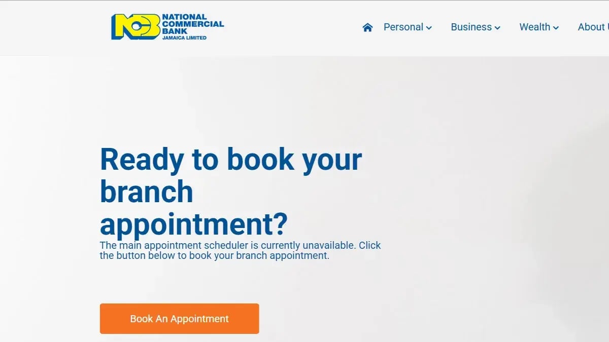 National Commercial Bank Jamaica web page inviting customers to book a branch appointment