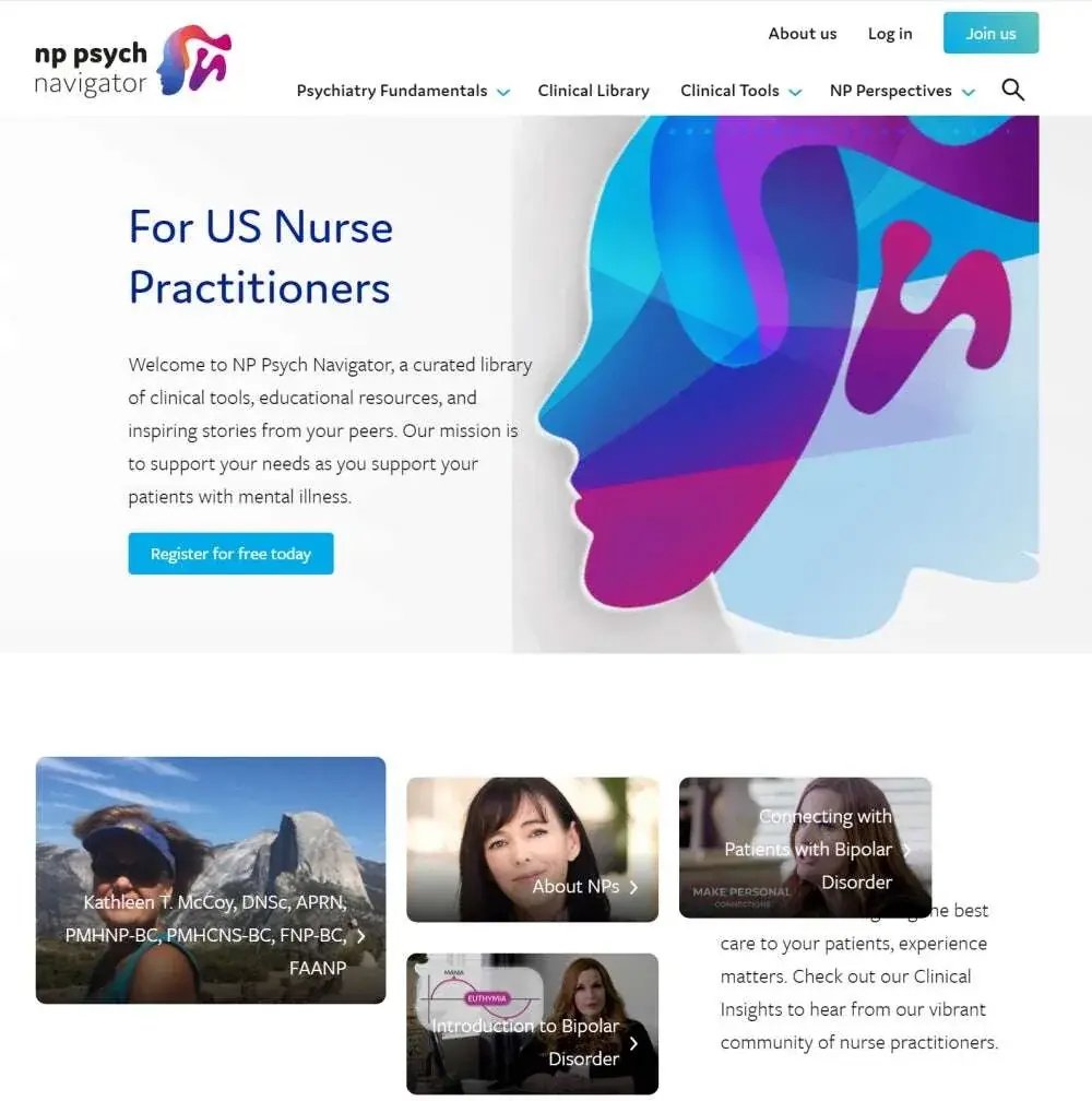 NP Psych Navigator home page for US nurse practitioners, with a register button and links to clinical tools