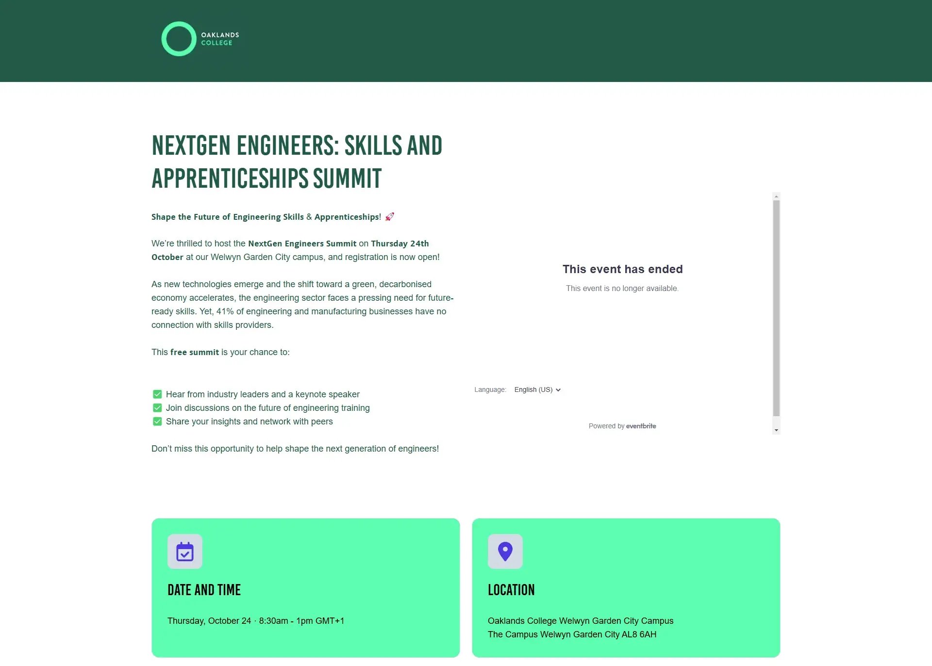 Oaklands College NextGen Engineers skills and apprenticeships summit page, with the date and campus