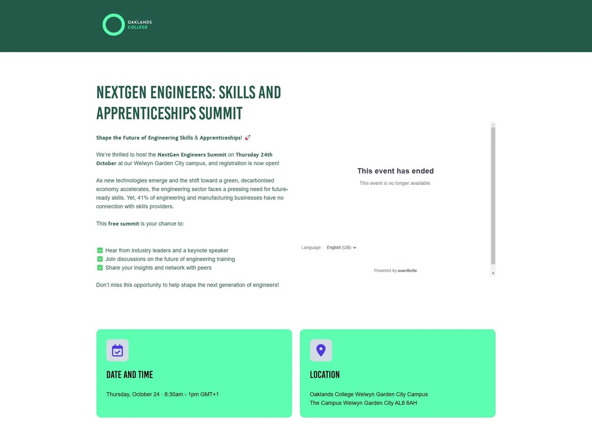 Oaklands College NextGen Engineers skills and apprenticeships summit page, with the date and campus