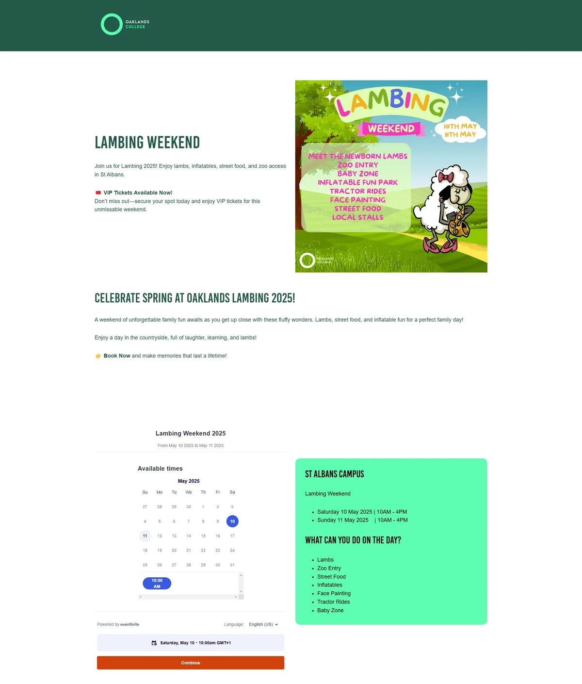 Oaklands College Lambing Weekend 2025 page, with a calendar of time slots to book