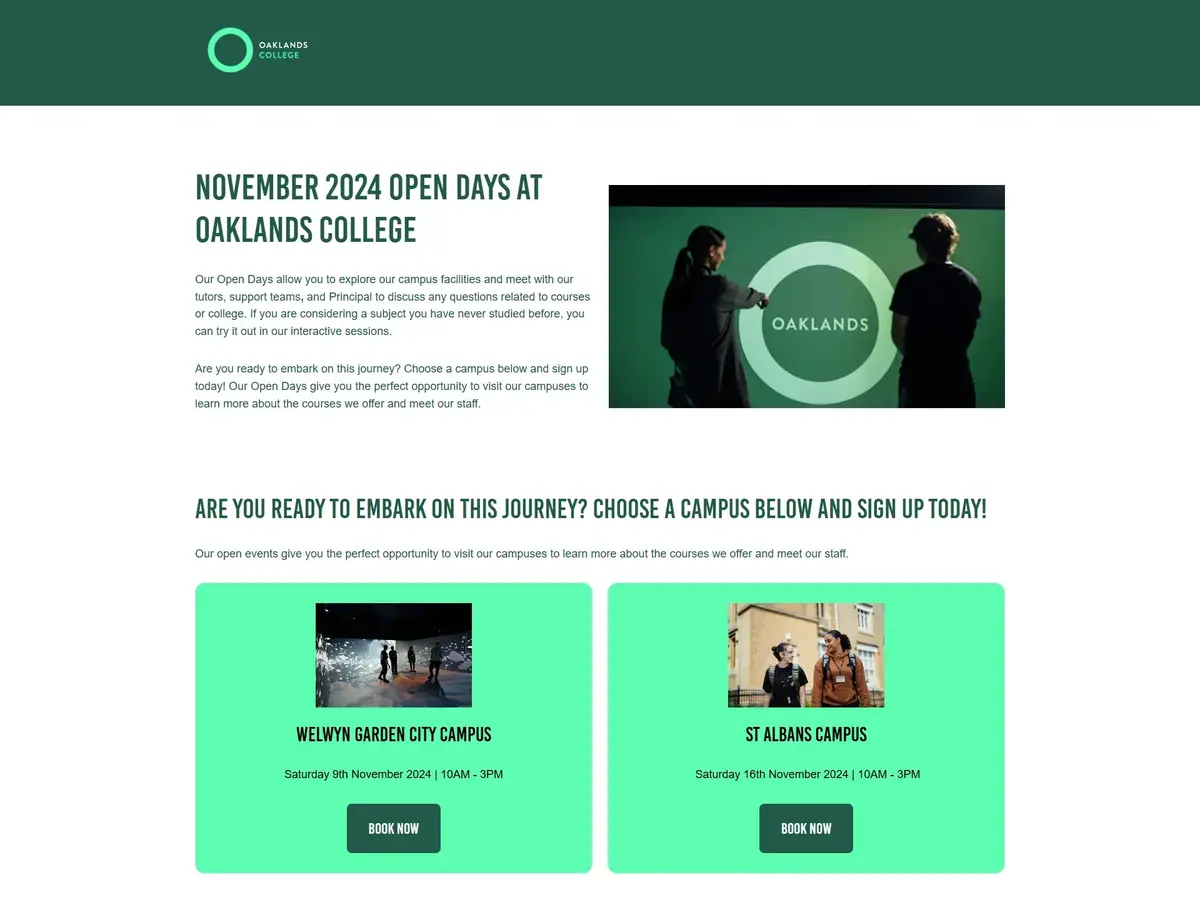 Oaklands College November 2024 open days page, built on HubSpot, with a booking card for each campus