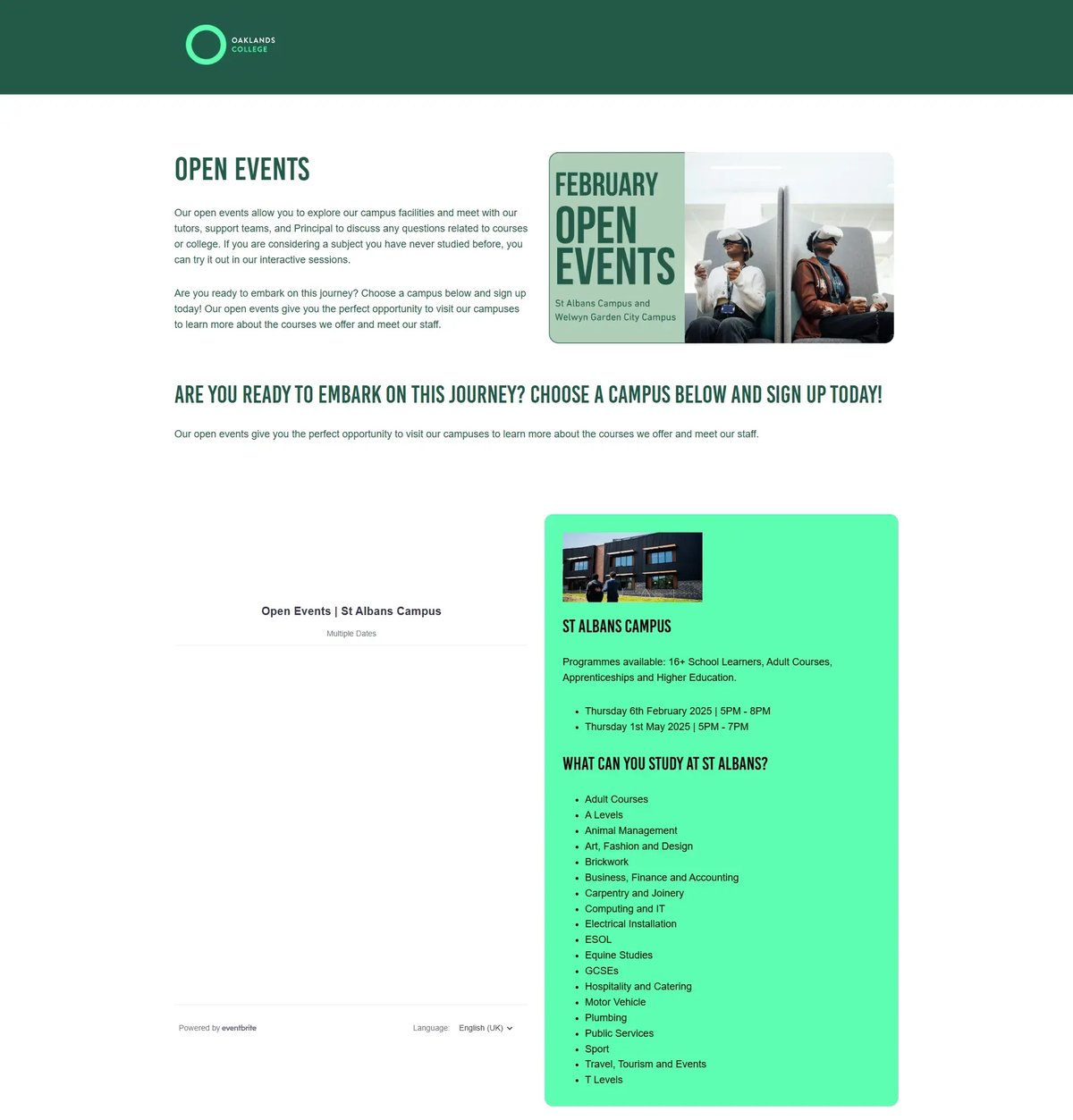 Oaklands College February open events page on HubSpot, listing what you can study at the St Albans campus