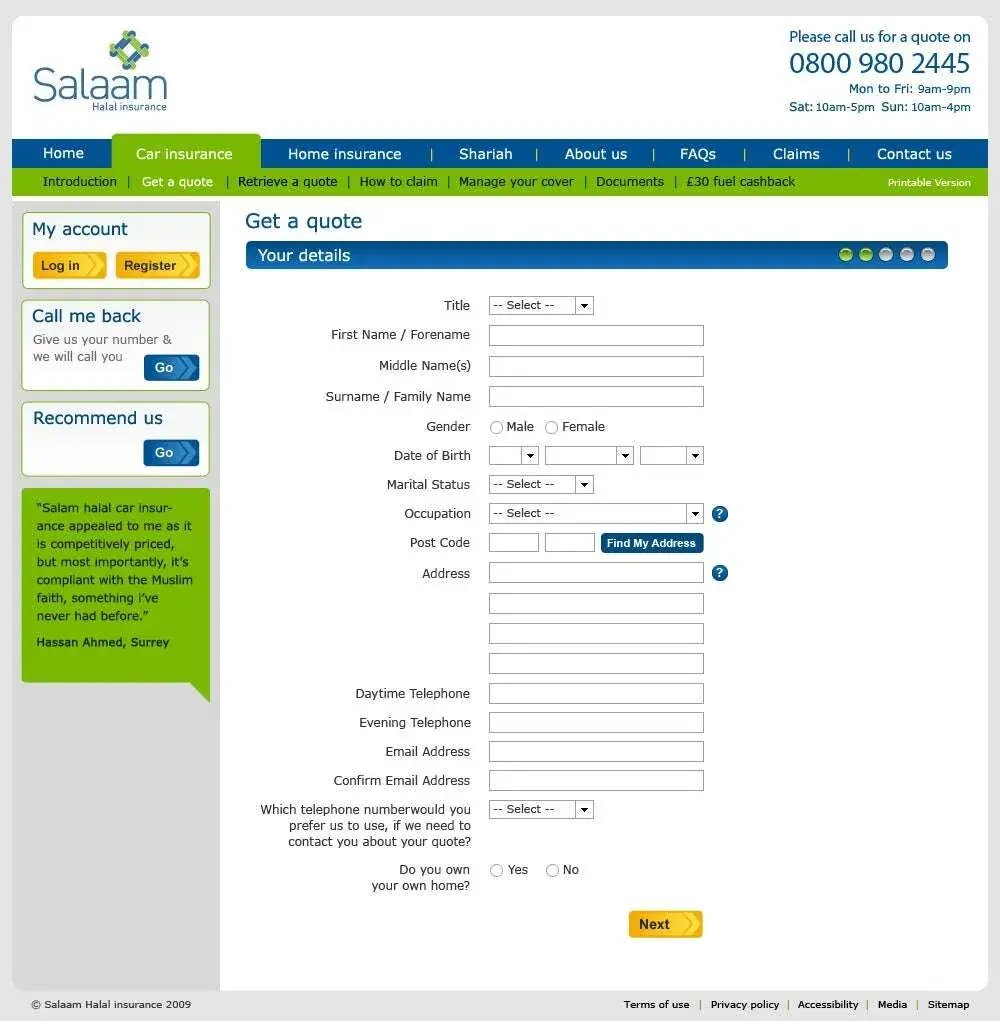 Salaam Insurance get a quote form, asking for the customer details step by step