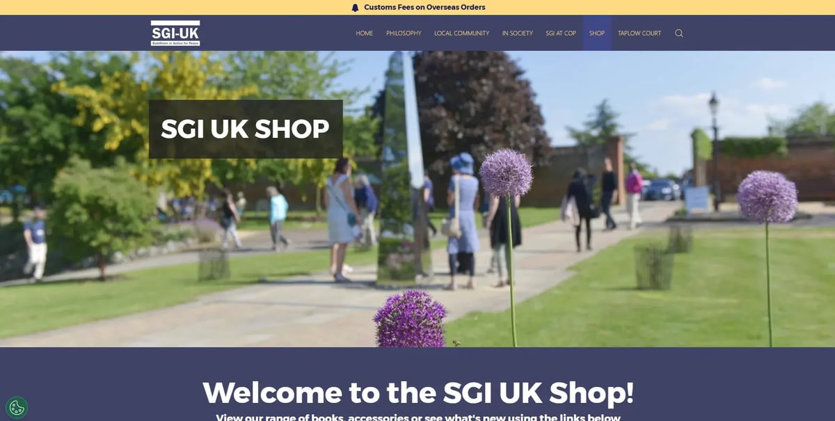 The SGI UK Shop home page, with a garden photo and links to books and accessories