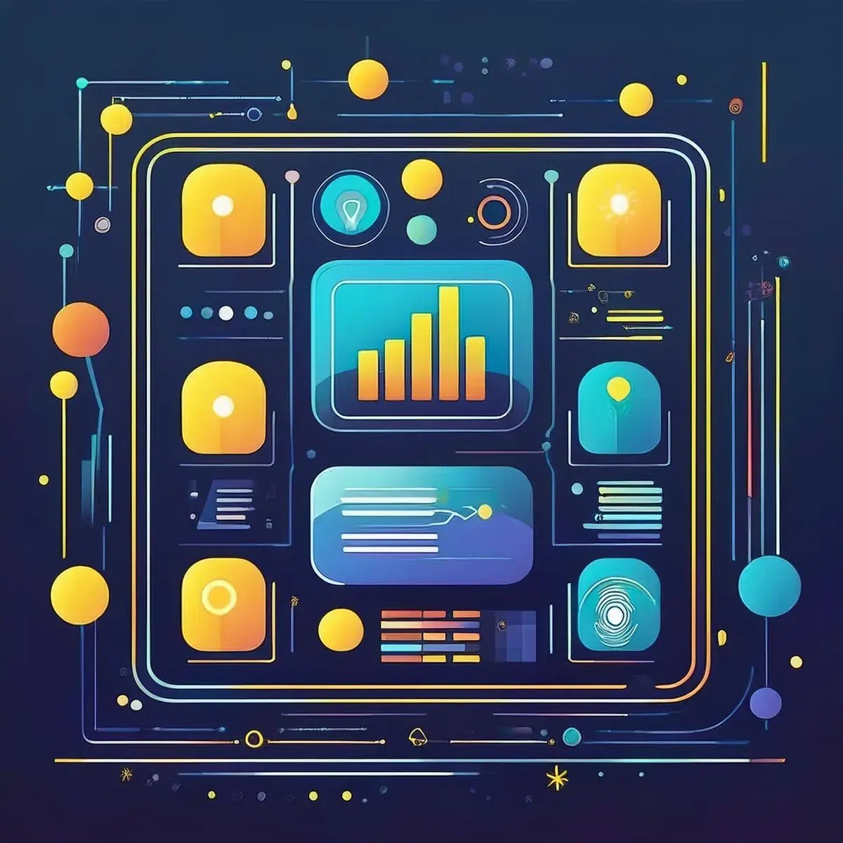 Illustration of connected data panels, charts and records
