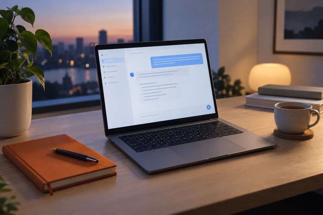 A laptop on an oak desk showing a chat assistant, beside an orange notebook