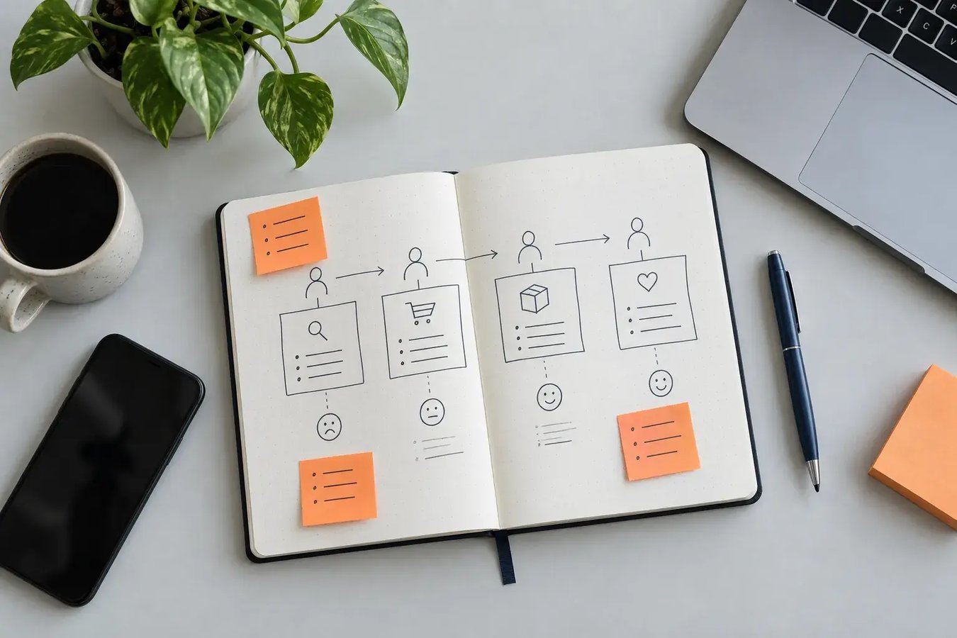 A notebook seen from above with a hand-drawn customer journey map and orange sticky notes