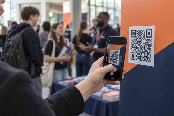 A hand scanning a QR code on an orange and navy stand at a college open day