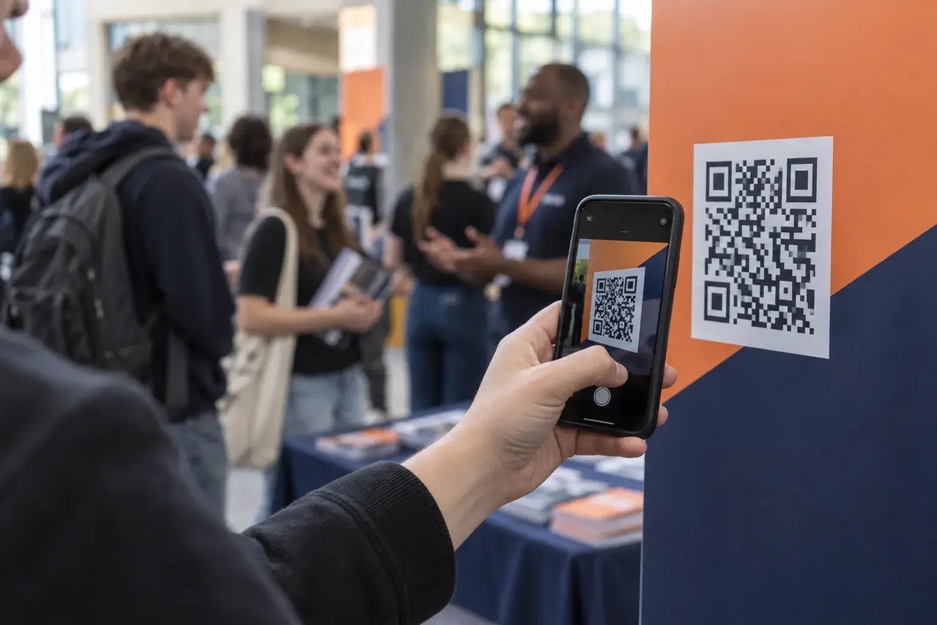 A hand scanning a QR code on an orange and navy stand at a college open day