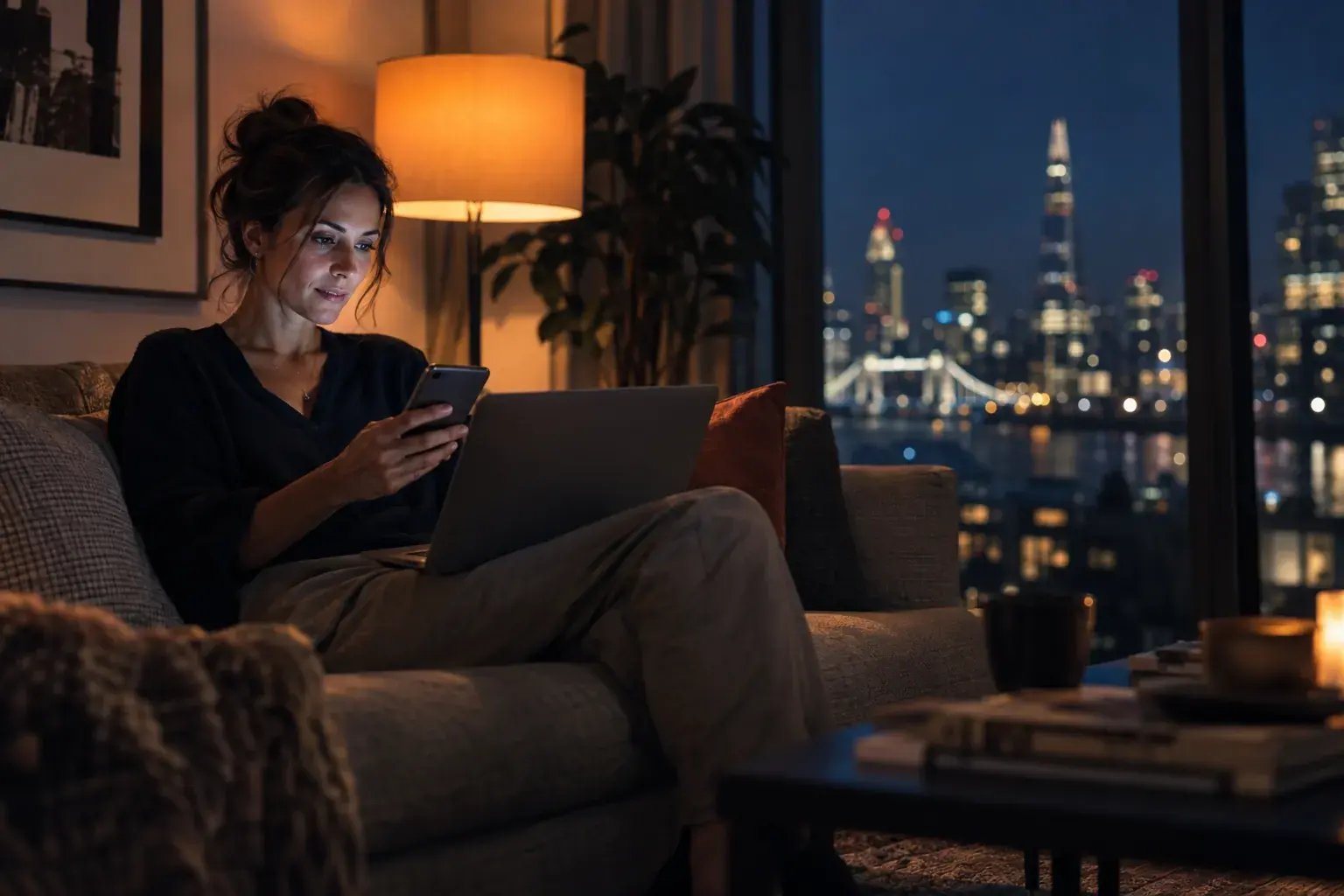 A woman on a sofa in a London flat late at night, looking at her phone with a laptop on her knee