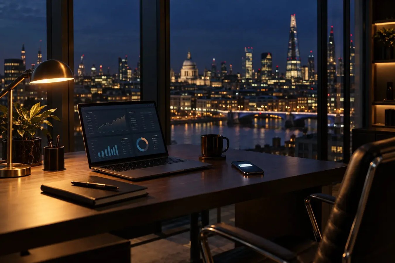 An empty glass office at night overlooking the city, a laptop glowing as a phone lights up
