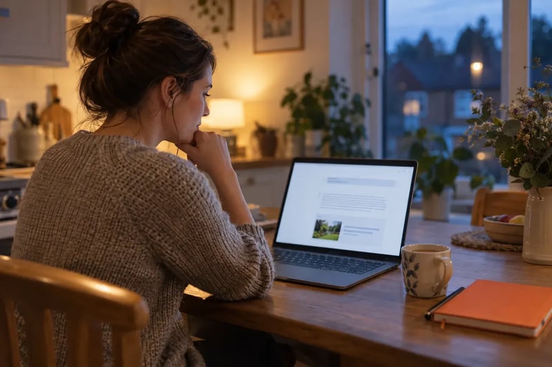 A woman at her kitchen table in the evening reads an answer from an AI assistant on her laptop, with one ad card below the answer