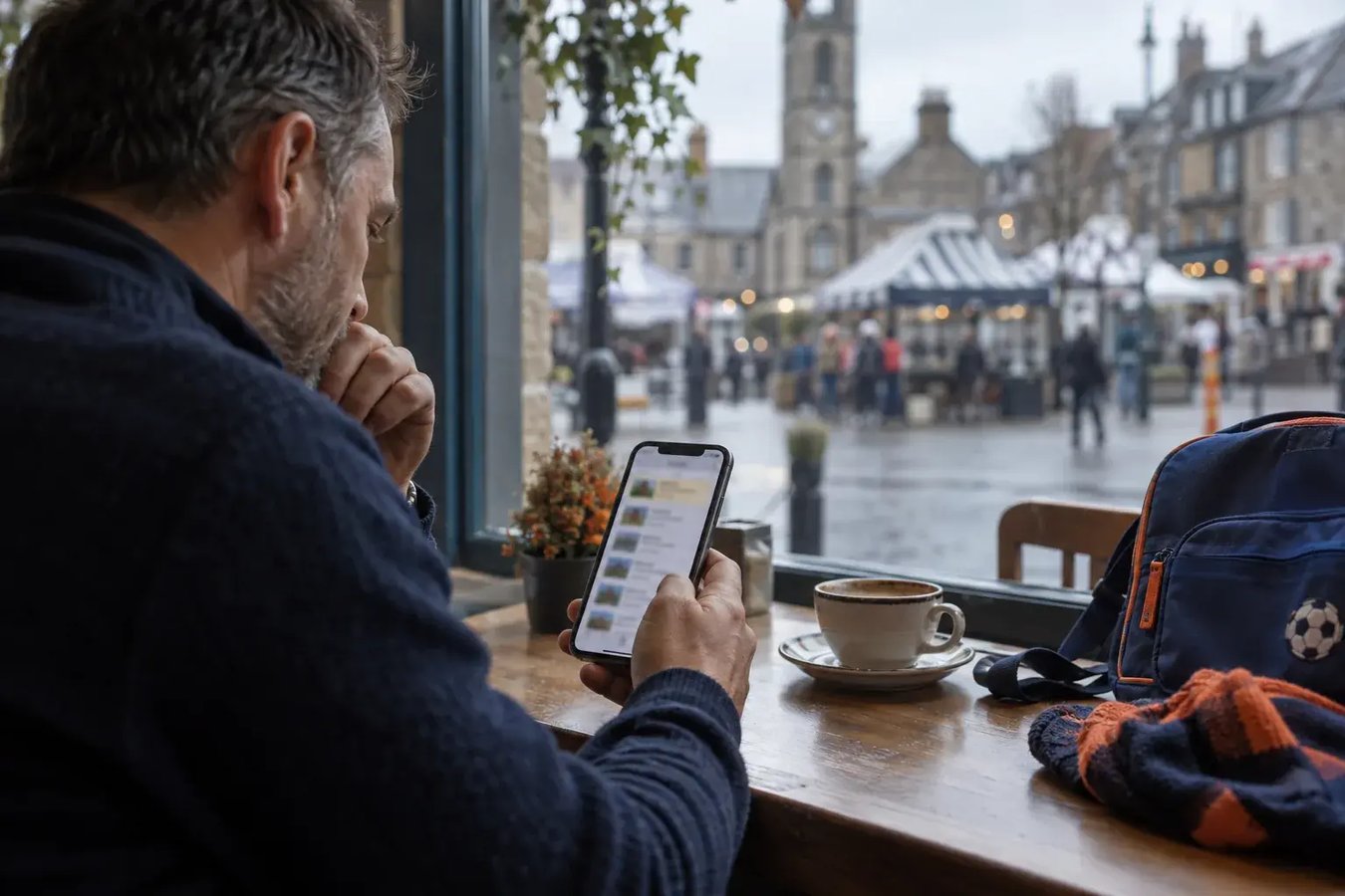 A father in a café on a market square looks through search results on his phone, with his child's school bag beside him