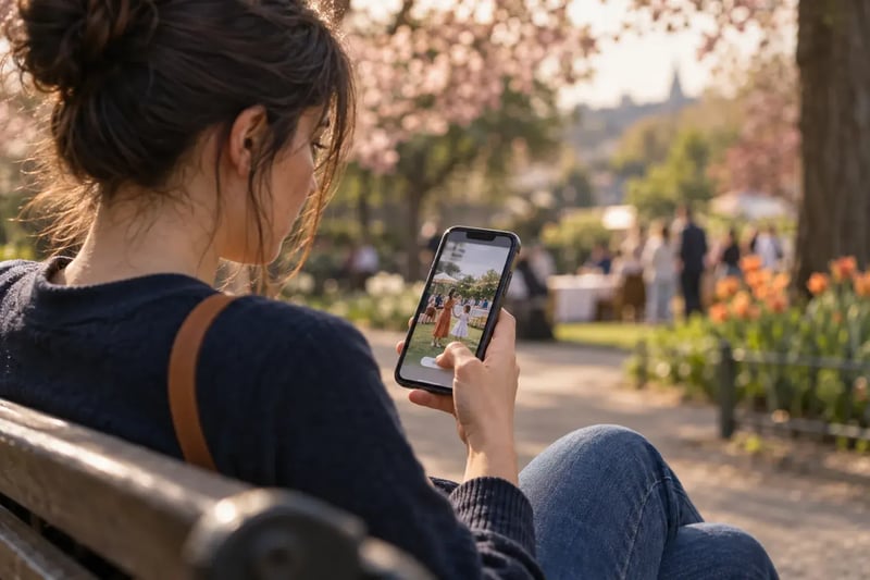 A woman on a park bench in spring watches a video post of a family event in a garden on her phone