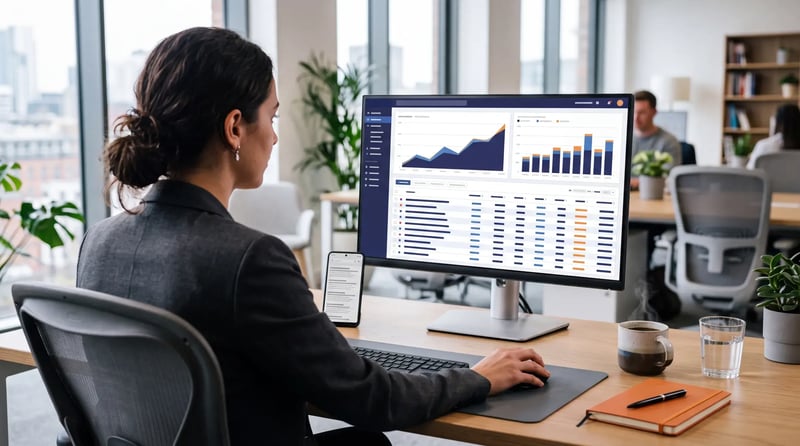 A paid search specialist reviews campaign performance charts on a desktop monitor