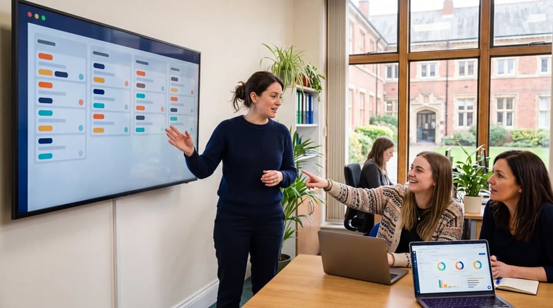 A CRM consultant walks a college admissions team through a pipeline board on a wall screen