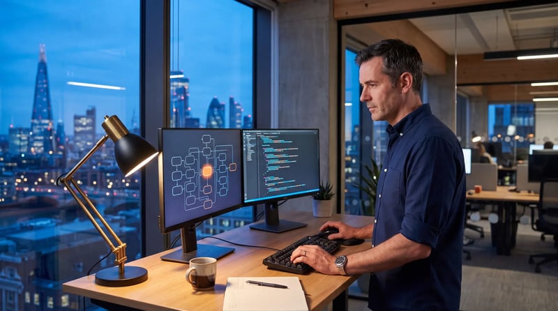 An integration engineer at a standing desk with a data flow diagram and code on two screens, the London skyline at dusk behind