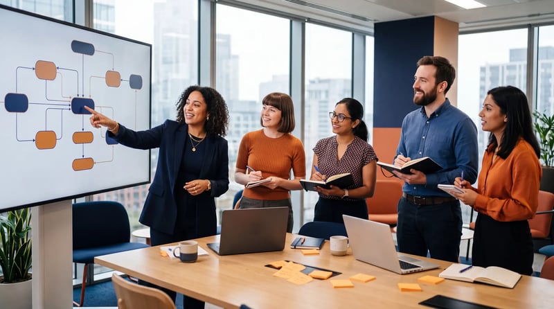 A consultant points to a diagram of connected systems on a wall screen while a client team takes notes
