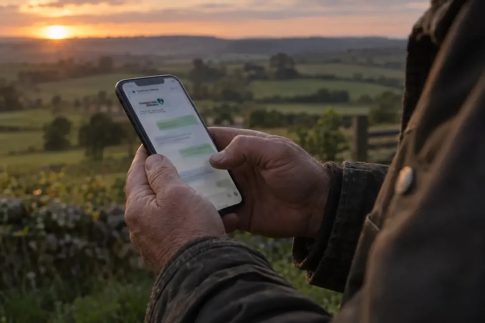 Hands holding a phone showing a WhatsApp message from Countryside Alliance, a countryside sunset behind