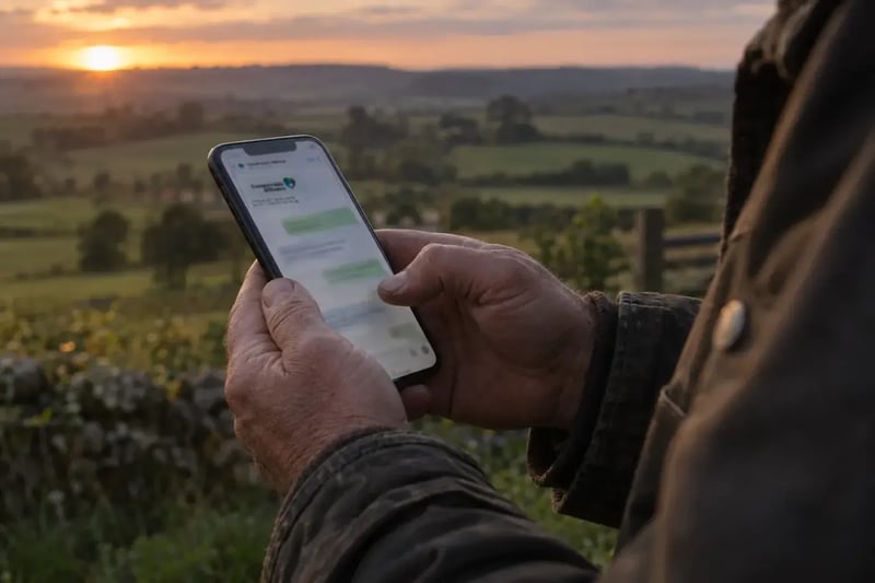 Hands holding a phone showing a WhatsApp message from Countryside Alliance, a countryside sunset behind