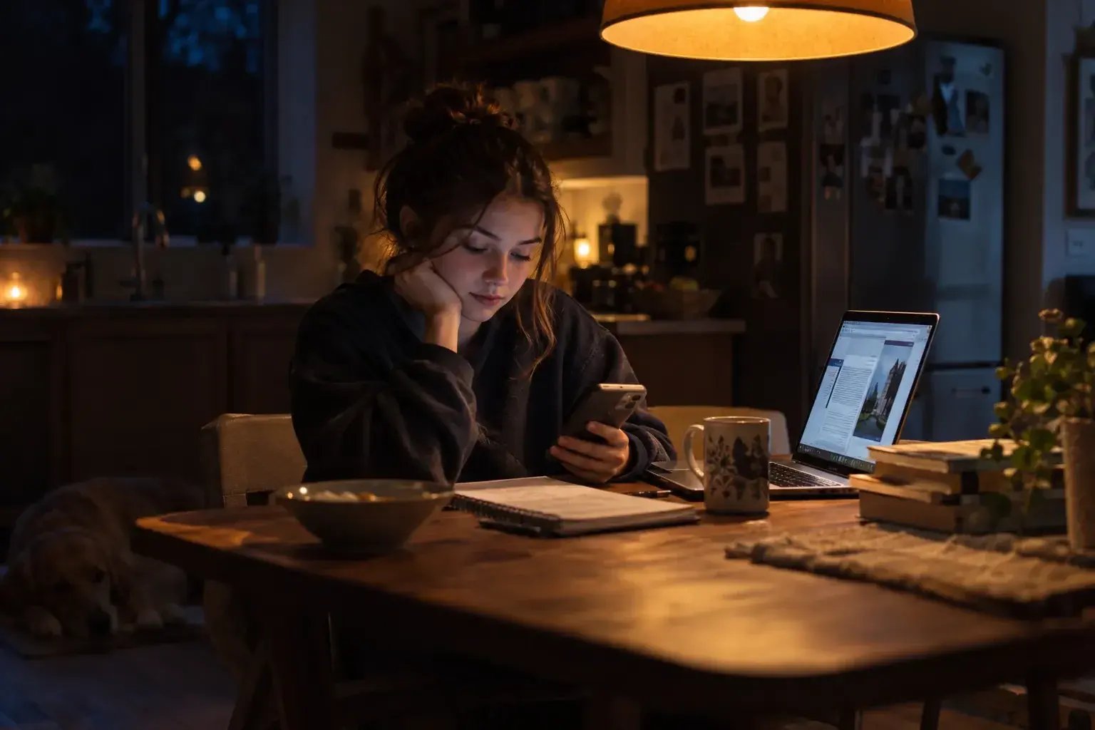 A young woman at a table late at night, reading her phone beside an open laptop
