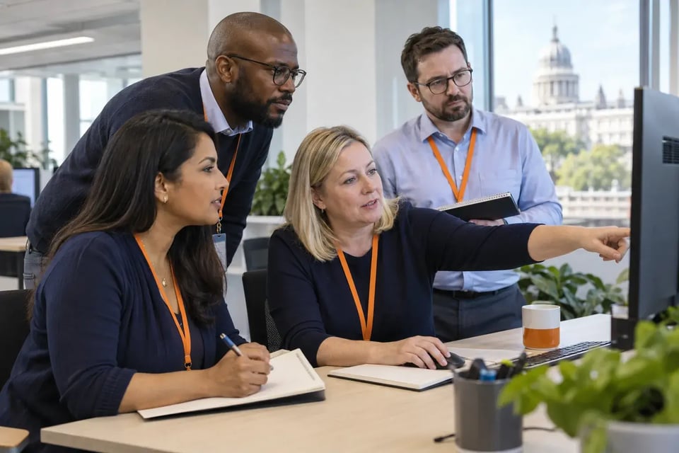 A pensions team reviewing content together at a desk in a city office